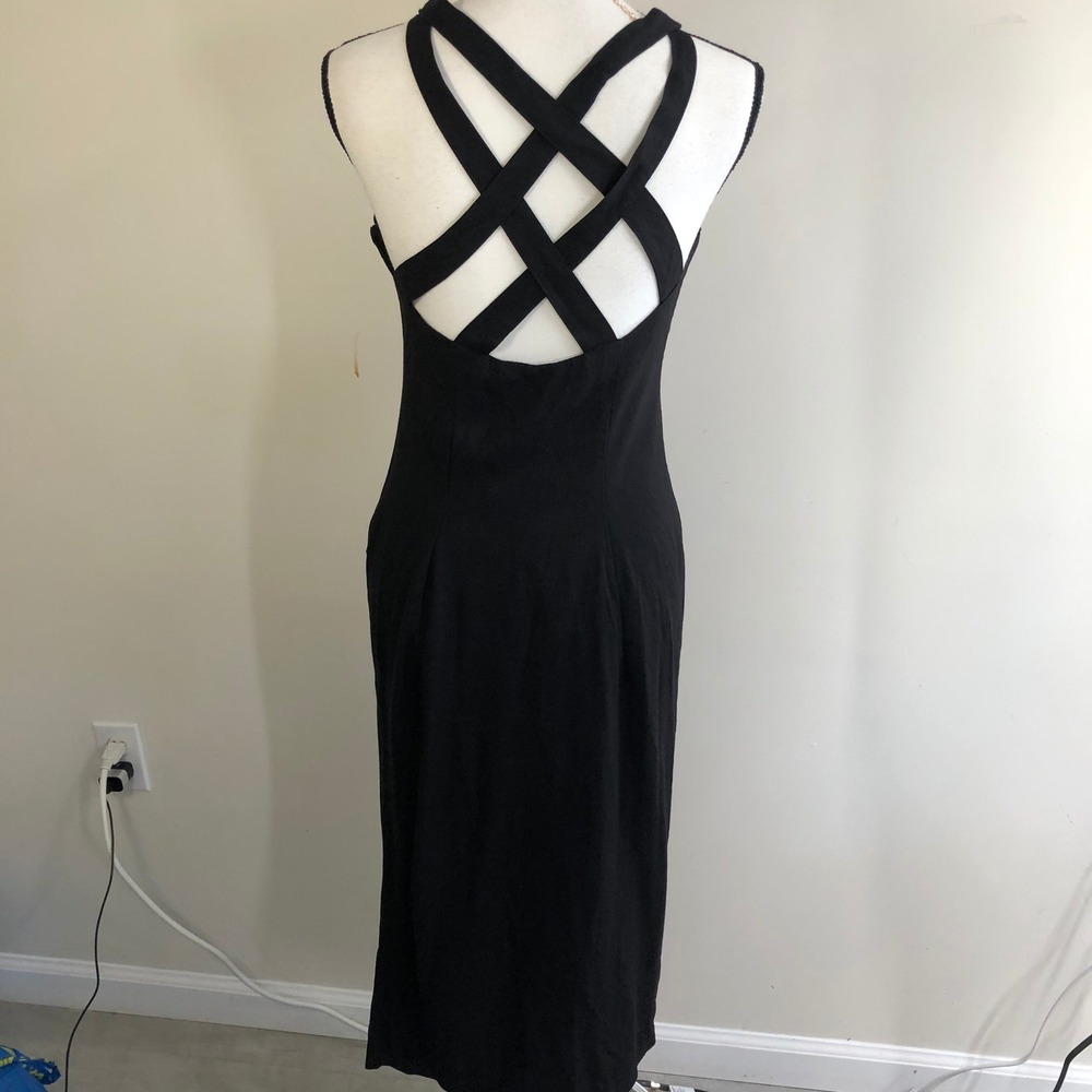 Vtg 90s Geary Roark Kamisato Black Strappy Lattice Back High Neck Midi Dress 4